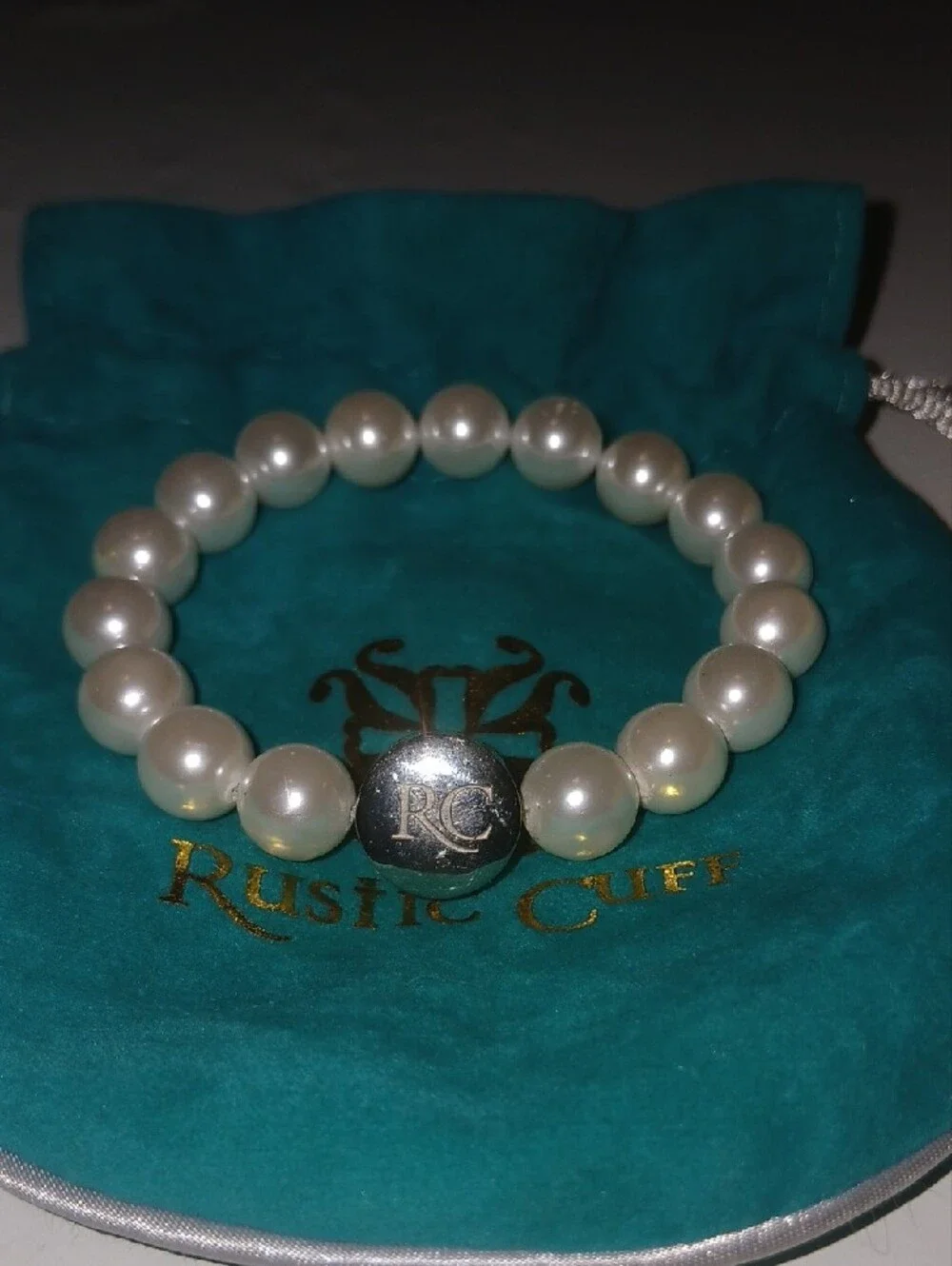 Rustic Cuff White Pearl Bracelet with Silver RC Accent